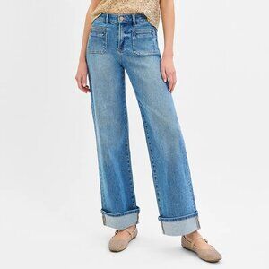 RISEN Full Size Elastic Band‎ Mid Rise Wide Front Patch Pocket Cuff Jeans Plus